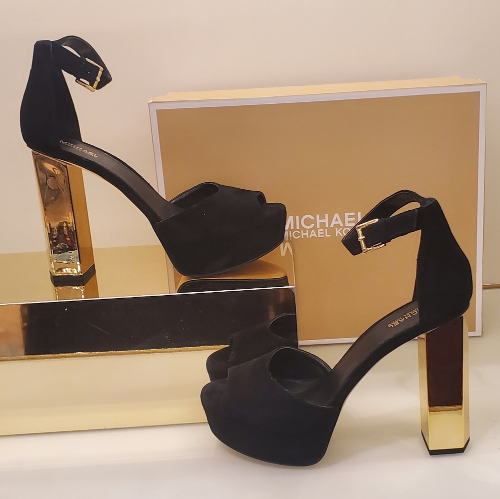 Michael Kors Petra platforms black suede gold heel